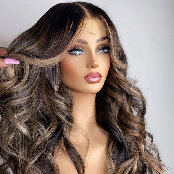 Honey Blonde Hervorhebungen Farbspitze Top Perücke mit dunklerer Haarwurzelwellene European Virgin Hair Spitzen Vorderperücke Spitze koscheres Perücken