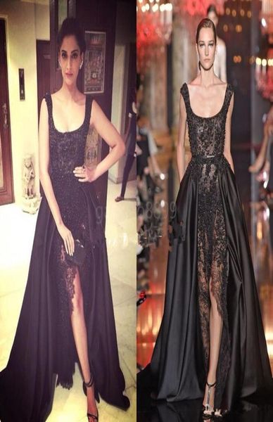 Elie Saab Sonam Kapoor Ocasionalmente, os vestidos de baile de baile de renda preta de renda preta Crystal sobre as saias vestidos de noite dividida Dubai Arabic Arabic7619367