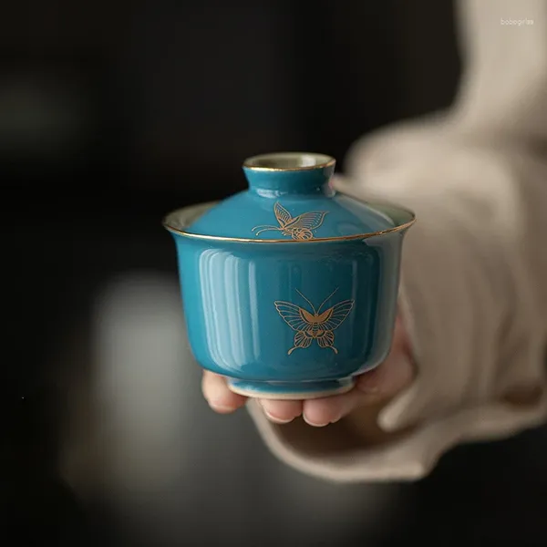 Xícaras picadas de cerâmica xícara de chá de cerâmica pintada à mão Butterfly Cup de viagens Tigela portátil Pu'er Master Chinese Set Acessórios