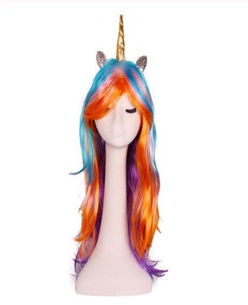 Rainbow Einhorn Perücke Bunt lange lockige Custum Cosplay gefälschte Haare Geburtstag Bachelorette Party Dekoration Maske Party Gunst GB18480899