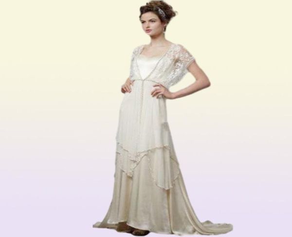 Vintage Elfenbein 1920er Brautkleider mit Ärmel Catherine Deane Lita bescheidene Fairy Lace Chiffon Vneck in voller Länge 2019 Bridal Gow1099393