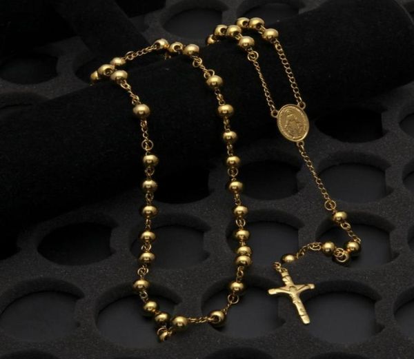 Nova deusa católica Virgen de Guadalupe 8mm Minchas 18k Gold Bated Rosário Jóias Jóias Jesus Crucifix Cross Pingnder Pennder