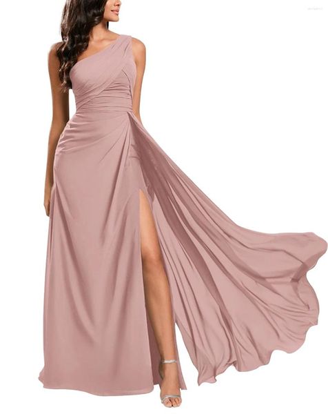 Partykleider Frauen Chiffon One Schulter A-Linie hohe Schlitzabendkleider Solides Brautjungfernkleid mit plissigem Rückenless Reißverschluss