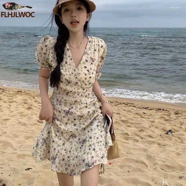 Partykleider 2024 Sommer süße süße Mädchen Frauen Kurzarm eine Linie Retro Vintage Korea Japanischer Stil Blumenroben Rüschen Kleid