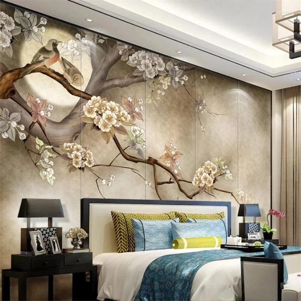 Sfondi Wellyu Wallpaper personalizzato Murales 3D Murales Fiori dipinto a mano in stile cinese e uccelli Big Tree TV Sfondo di pittura a parete