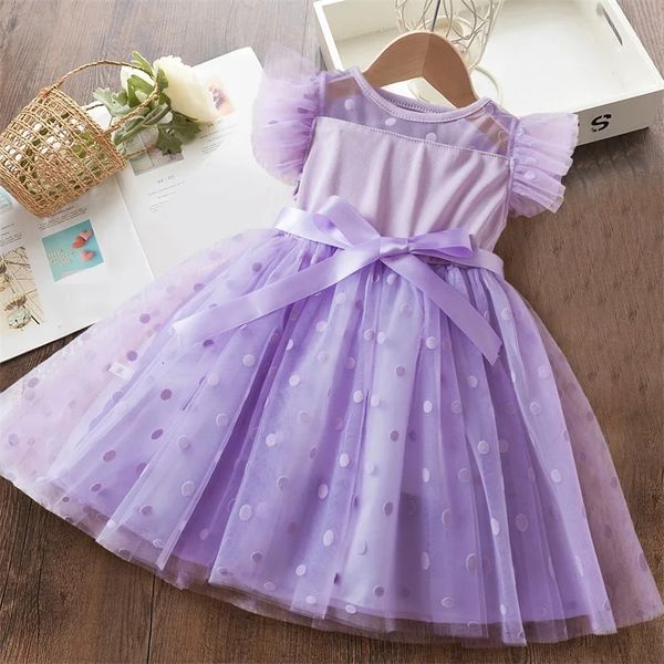 Vestidos de meninas de 26 anos de manga voadora polca pontilhada saia de princesa roxa, bebê, roupas de festa de aniversário filhos do verão, vestido causal 240407