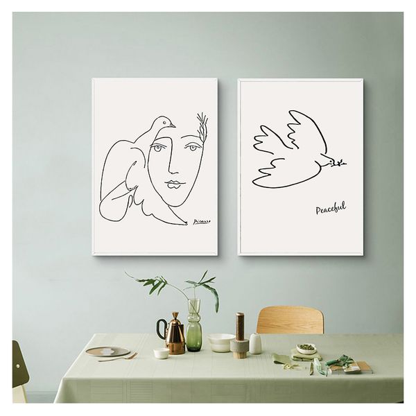 Desenho de arte na parede pintando pôsteres nórdicos e impressões imagens de parede para decoração de sala de estar picasso matisse menina pássaro linha