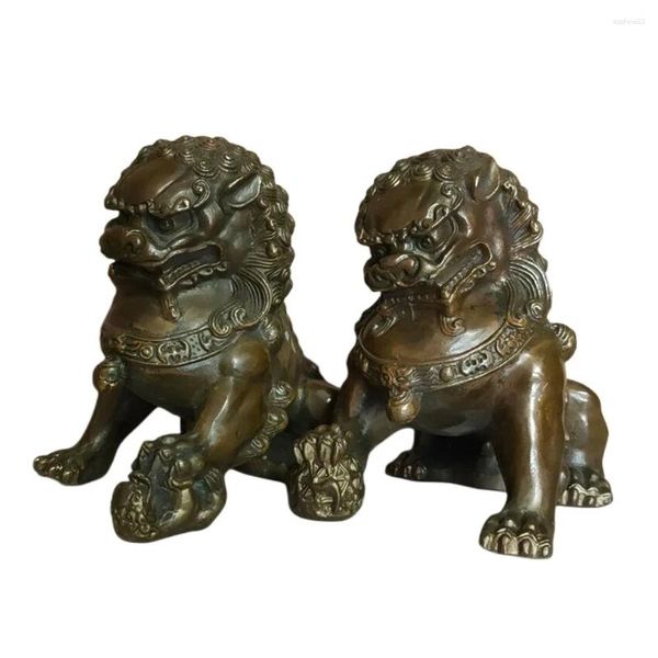Estatuetas decorativas antigas antigas fengshui leões de bronze estátua fu foo cães par par -wish u riqueza