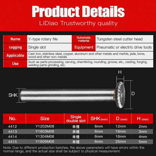 Arquivo rotativo de carboneto de liidiao para moagem de moagem de aço cortador y Tipo de 90 graus Disco de 6 mm Ferramenta de gravura de haste de haste única