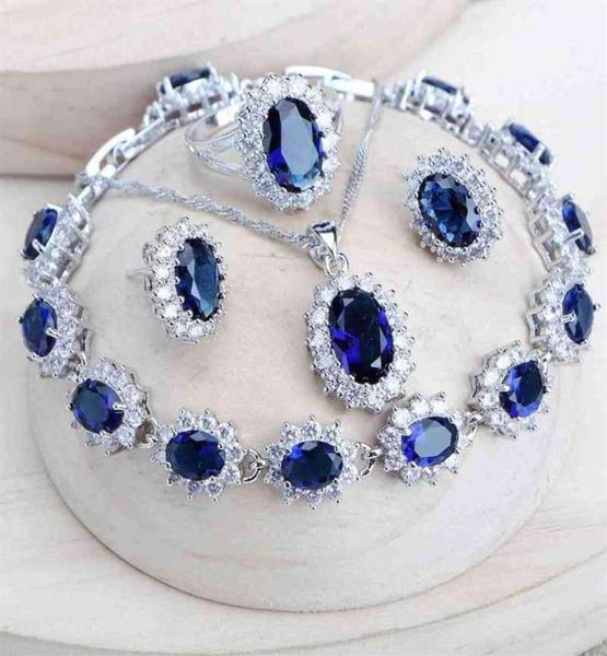 Gümüş 925 Kadın Gelin Takı Setleri Mavi Zirkonya Kostüm Fine Mücevher Düğün Küpe Küpeler Halkalar Bilezikler Kolye Seti 224432732