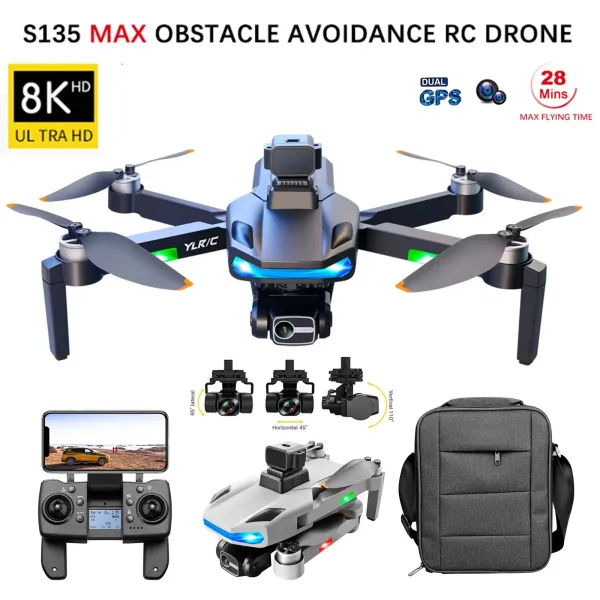 Drones S135 Pro GPS Drone 8K HD Çift Kamera FPV Profesyonel Hava Fotoğrafçılık Gimbal Fırçasız Motor Engel Kaçınma RC Quadcopter