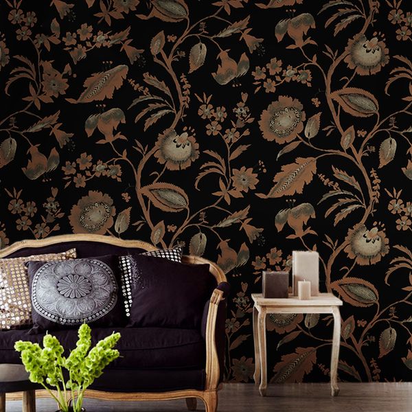 Vintage rustik keten şerit duvar kağıt siyah ve kahverengi çiçek duvar kağıdı yatak odası oturma odası tv kanepe arka plan dekal ABC versiyon