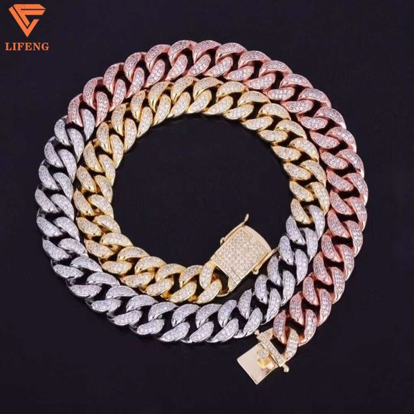 2024 14mm Hip Hop Dicke Miami Halskette Rapper Schmuck 18k Gold ICED Out VVS Moissanit Tricolor Lock Clasp Cuban Link -Kette für Männer