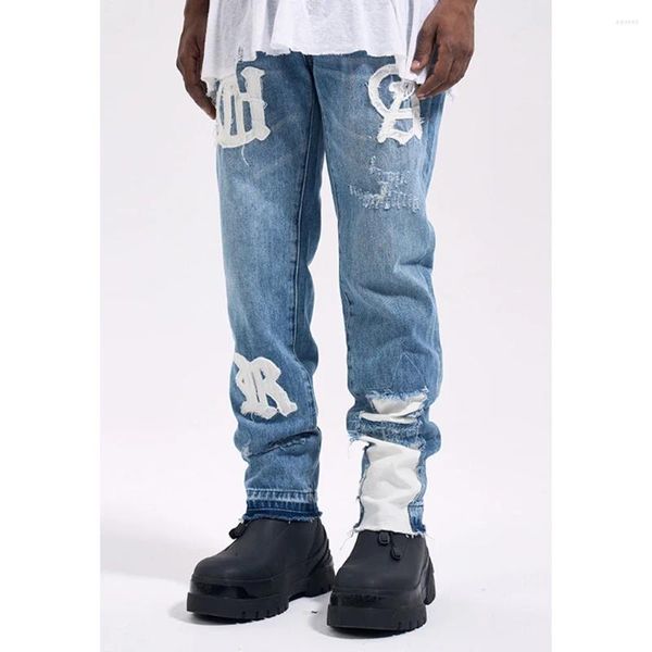 Jeans masculinos Drift Fashion Streetwear High Street Remake Y2K adesivos retos calças jeans azuis para homens Homme