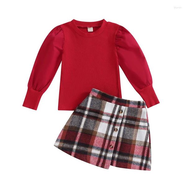 Set di abbigliamento Autunno per bambini con gonna abiti a maniche lunghe rosse e vestiti mini set a quadri