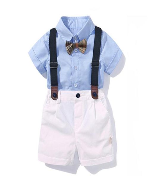 Baby Gary Roushed Shirt Set Birthday Birthday Summer Recém -nascidos Roupas de meninos Conjunto de camisa azul Topsuspender Roupfits LJ20082138119