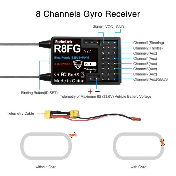 Radiolink R8fg 8 canal 2.4g giroscópio RC RECUTO DE TENSÃO DE RECEBELO