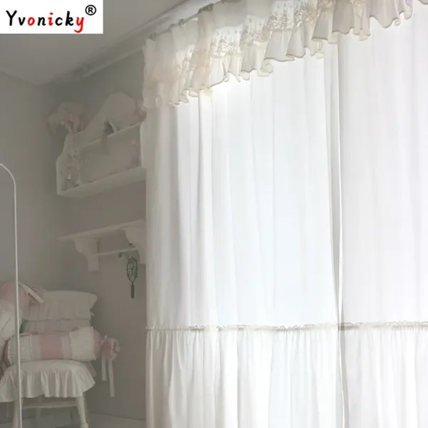 Vorhang koreanische Baumwolle elegante Blackout -Vorhänge für Mädchen Schlafzimmer rein weiße Rockfenster Vorhänge mit Spitzenrüschvaltigkeit
