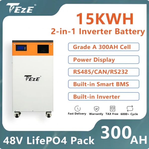 TEZE 48V 300AH LIFEPO4 BATERIA 15KWH POWERWALL all-in-One com inversor de 5kW máx.Seis paralelos 51V 300AH Sistema de armazenamento fora da grade