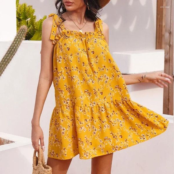 Lässige Kleider gelbe Rüschen florale Cottagecore-Kleid Frauen Sommer übergroß