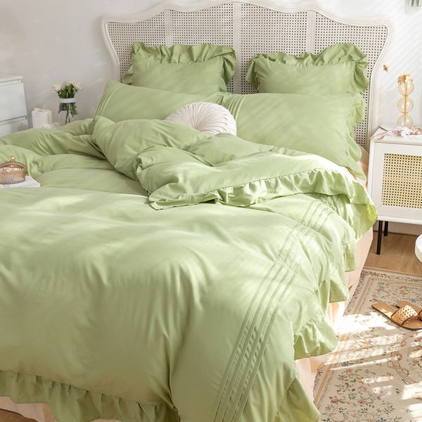 Set di biancheria da letto a colori solidi Queen/King size copripiumino con volant di pizzo set di lino a letto singolo per letti a letto matrimoniale