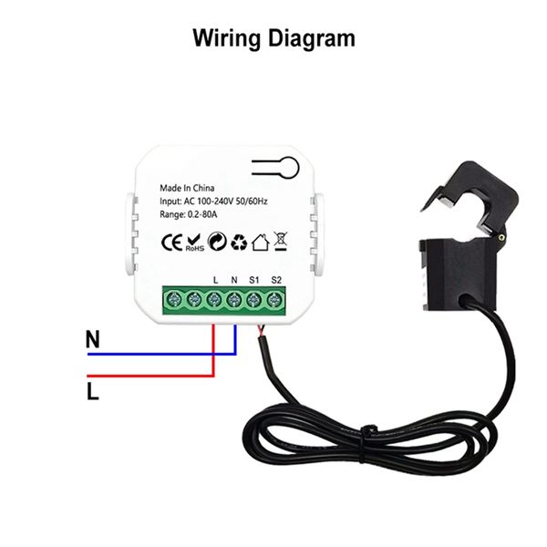 TUYA Smart Life Wifi Energy Meter 80A con morsetto di trasformatore di corrente KWH Monitoraggio elettrico Monitor Elettricità110V 230V 50/60Hz