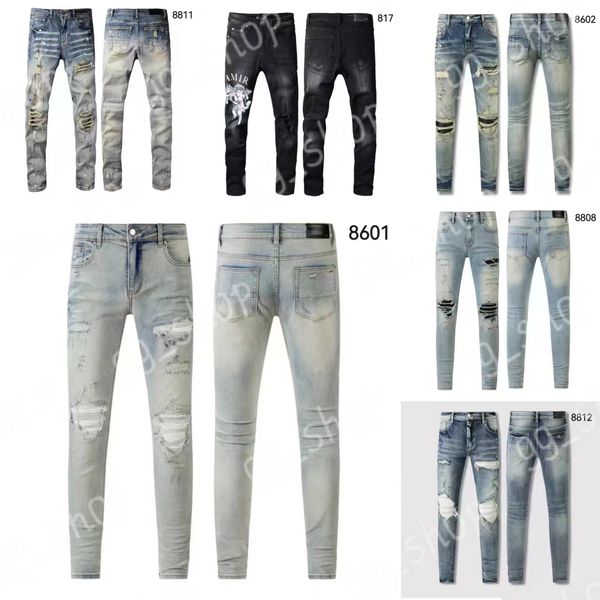 Designer jeans maschile jeans am jeans 8601 di alta qualità patchwork strappati 28-40