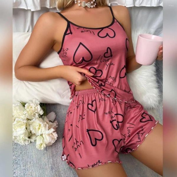 Roupas domésticas mulheres casuais de duas peças se encostarem pijama de estampa de coração feminino sem costas com elástico de topo sem mangas e sem mangas elástico