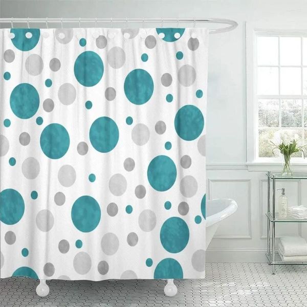 Cortinas de chuveiro Geometria cortina de cortina de poliéster Fabric azul cinza Teal Polca Branca Padrão de Dot Arte Moderna Conjunto Colorido com Decoração de Hook Banheiro