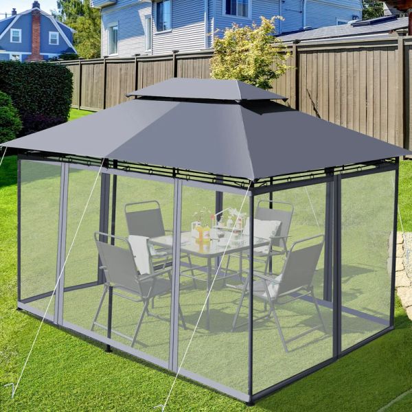 Abrigo de dossel de barraca com 10 pés x 13 pés com parede lateral de rede removível, gazebo de aço 10x13 de 2 camadas com rede externa