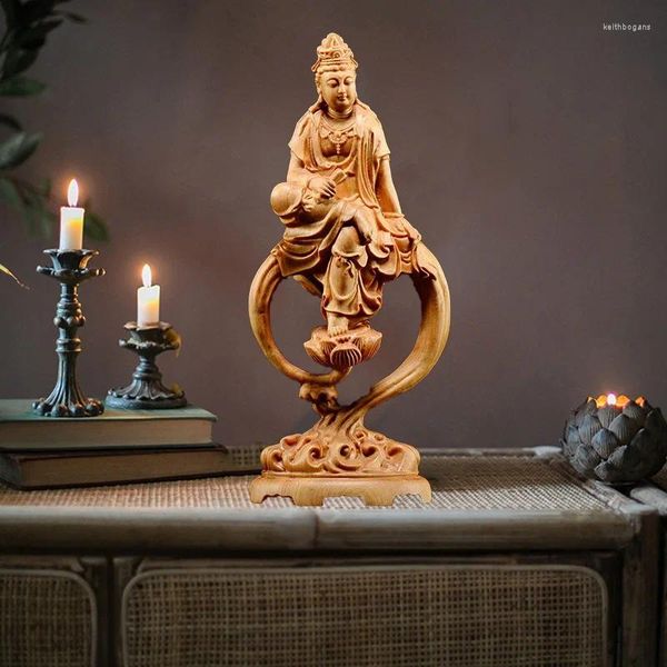 Dekorative Figuren Holz Guanyin Buddha Bodhisattva Statue handgeschnitzter Buddhismus Fig