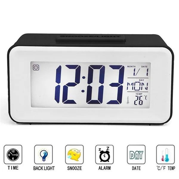 LED Electronic Snooze Alarm Clock Mini Small Intelligent Sound Control Clock com temperatura do calendário para viagens de escritório em casa