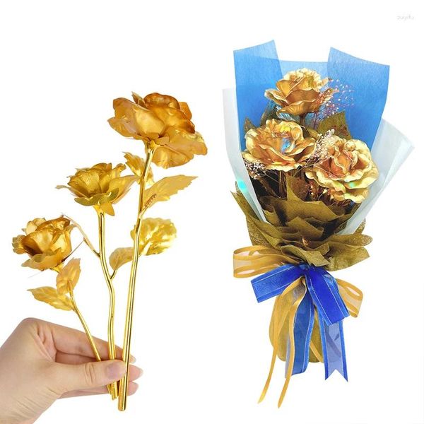 Dekorative Blumen 1PC Gold Rose Blume Kunststoff Künstliche Rosen dauert für immer Liebe Geburtstag Hochzeitsfeier Dekoration Bouquet Dekor