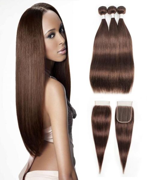 4 Pacéis de cabelo lisos de chocolate marrom com fechamento Extensões de cabelo humano virgem brasileiro 3 pacotes com 44 encerramento de renda6792517