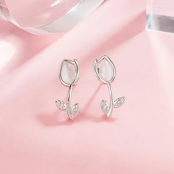 Brincos de garanhão cor de prata esterlina opala tulipas bastões de ouvido jóias de moda feminina