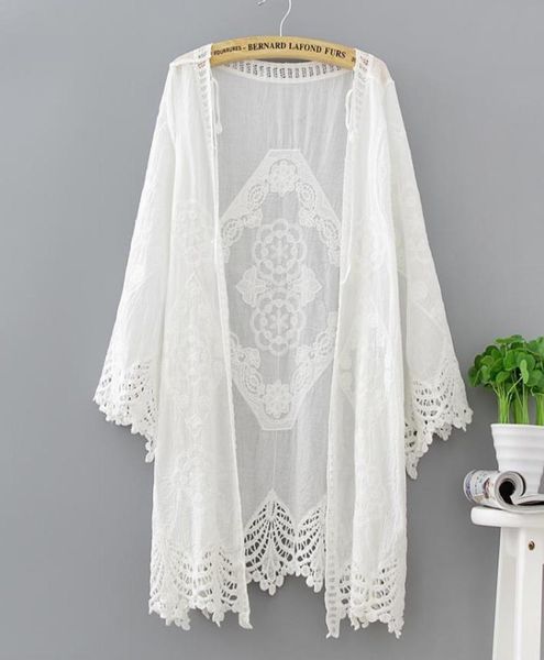 Women039s Trench Coats 2021 Beach Summer Sexy Sexy Women Casual Boho Kimono Cardigan White Lace Organza Свободная рубашка для блузки с принтом P4238952