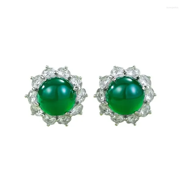 Brincos de garanhão S925 Silver incrustado com 8,0 ovo de ovo verde jade medula rica feminino feminino conjunto de brincos clássico jóias