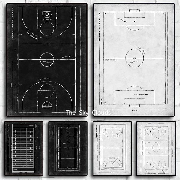 Black White Football Basketball Court Canvas Pintura Estádio Poster HD Imprimir Modern Wall Art Pictures Decoração do quarto da sala de estar