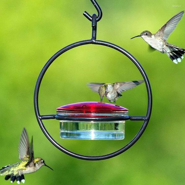 Outros pássaros abastecem o alimentador circular de beija -flores circulares com bandeja de tigela de vidro vermelho para o deck de pátio do quintal do jardim externo