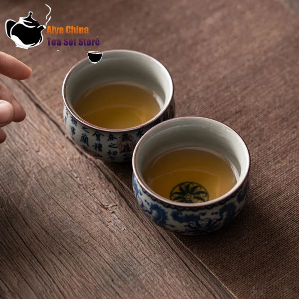 Antigo xícara de chá azul e branco de xícara de chá de cerâmica grande copo de chá de kung fu conjunto de chá chinês