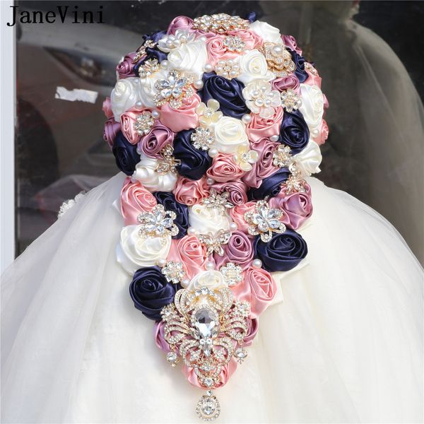 Bouquet per matrimoni a cascata di diamanti di lusso Janevini per la sposa Crystal Pearl Cascading Flower Bridal Bouquet Artificielle Mariage