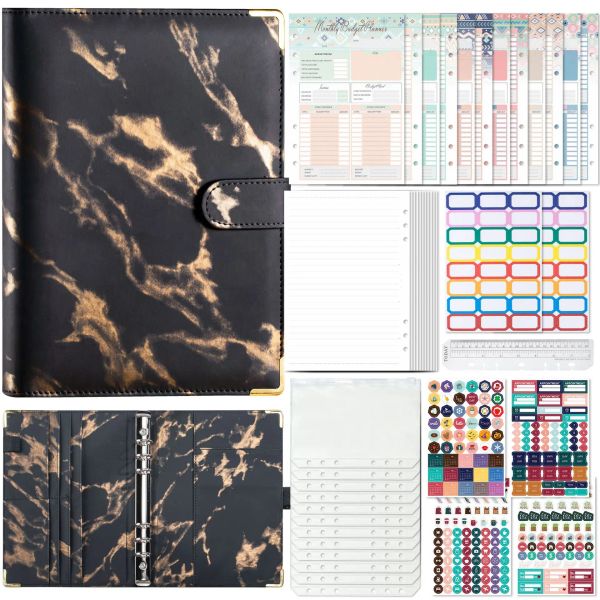 A5 Binder Ledger Marblebbook Кожаная пучка 6 -луночная переплет Бюджет с Zip Bag 12 Бюджетная карта 12 шт. Внутренняя бумажная линия 45