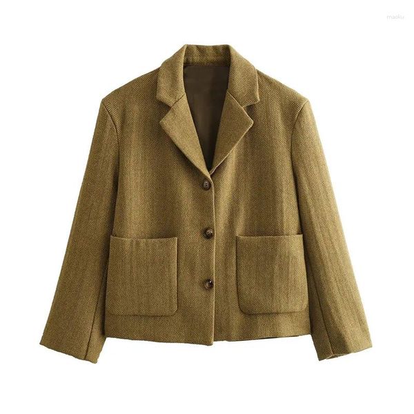 Frauenanzüge 2024 Spring Blazer Fashion Office Langarm Vintage Single Breaced Pocket Coat Jacket Top Herringgräten