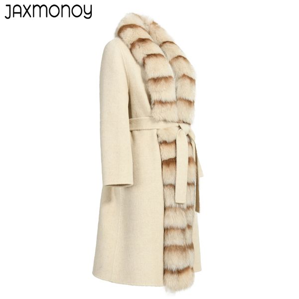 Jaxmonoy Cashmere Casat para inverno 2022 Novo estilo Luxo Real Fox Fur Trinch Long Ladies Ladies Belt Slim Outerwear