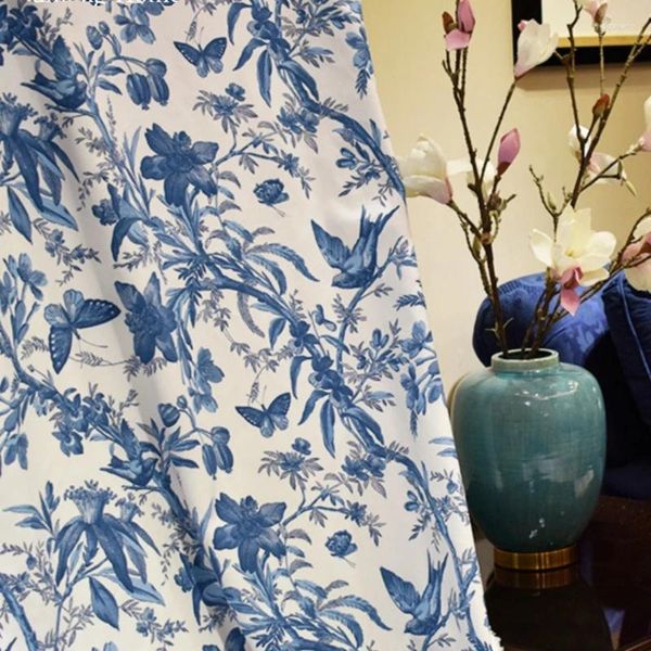 Vorhang benutzerdefinierte amerikanische chinesische Blume Bird Schmetterling blau weiße Luxusvorhänge für Wohnzimmer Schlafzimmer Ess Blackout