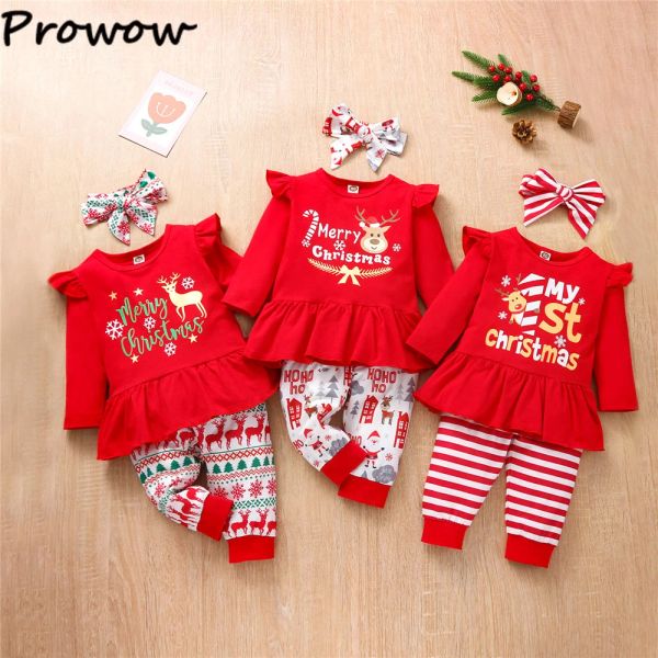 Брюки Prowow 03y Baby Girl Рождественская одежда для детей Ruffles Red Tshirts+брюки+повязка на голову мой первый рождественский детский костюм.