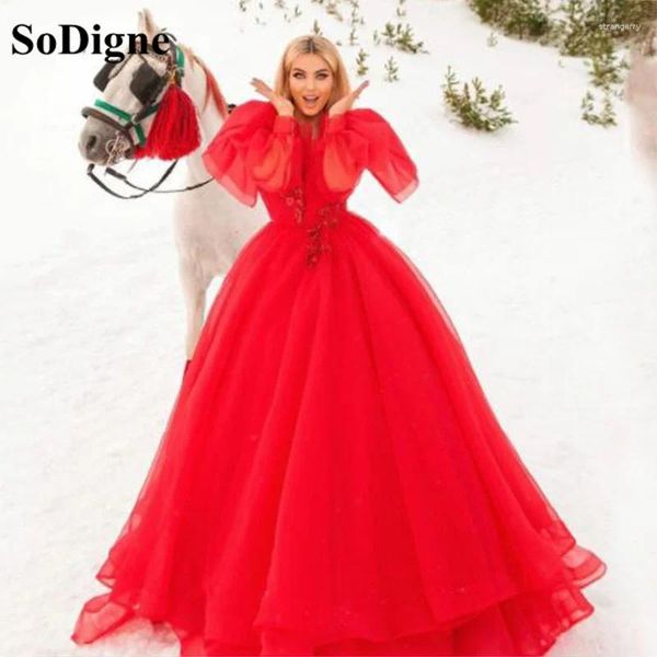 Vestidos de festa Sodigne Red Princess Prom Dress Buff mangas compridas Apliques de renda 3D Apliques de renda em camadas Vestido de celebridade