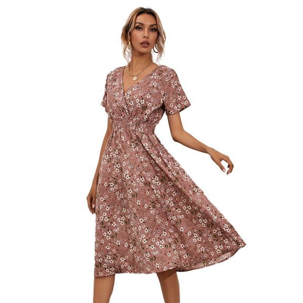 Designer casual Domande abiti da stampa floreale estate abito boho per donne maniche corta v collo grande swing a linea abito midi abito midi a vita legger