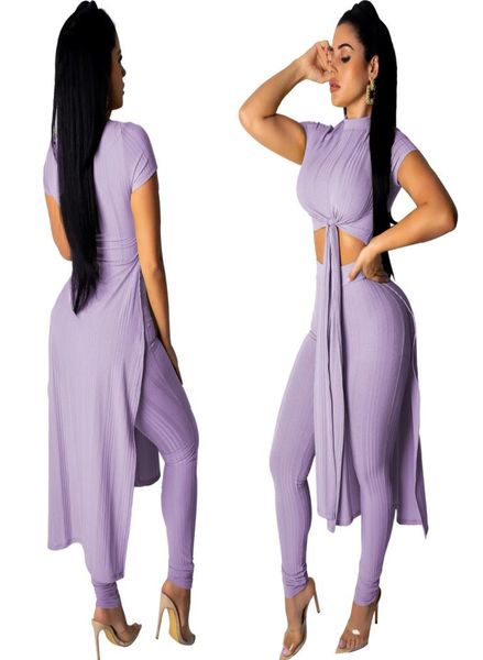 Donne casual a due pezzi set Outfits Purple Knit Short Short Bandage Hi Lo Crop Top Pant Suit Woman Fashion Slim Pantsuit3956976