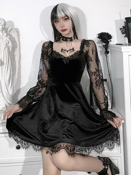 Vestidos casuais vestido de estilo lolita gótico preto para mulheres acabamentos de renda alta cintura bodycon vestidos e-garota 90s vintage punk harajuku grunge